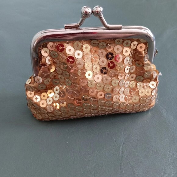 Little Gold Sequin Coin Purse Vintage Antique Old stocking gift for woman girl - Picture 9 of 10